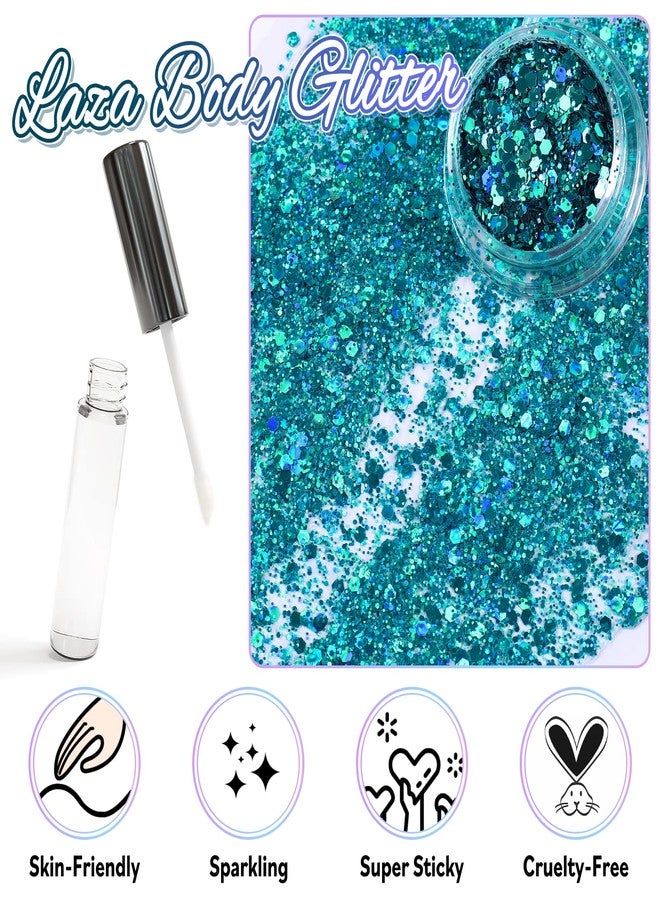 Laza Body Glitter, 2 Jars Holographic Chunky Sequins with Glitter Glue Perfect for Women Eyeshadow Makeup Face Paint Festival Rave Outfits Hair Accessories Carnival Party Costumes - Cyan Blue - Image 2